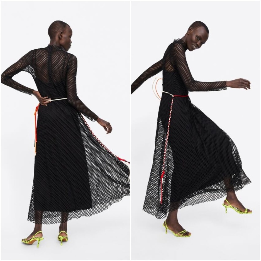 ZARA Black Fishnet Crochet Lined Maxi Dress with Corded Belt $129.90 - Picture 11 of 13